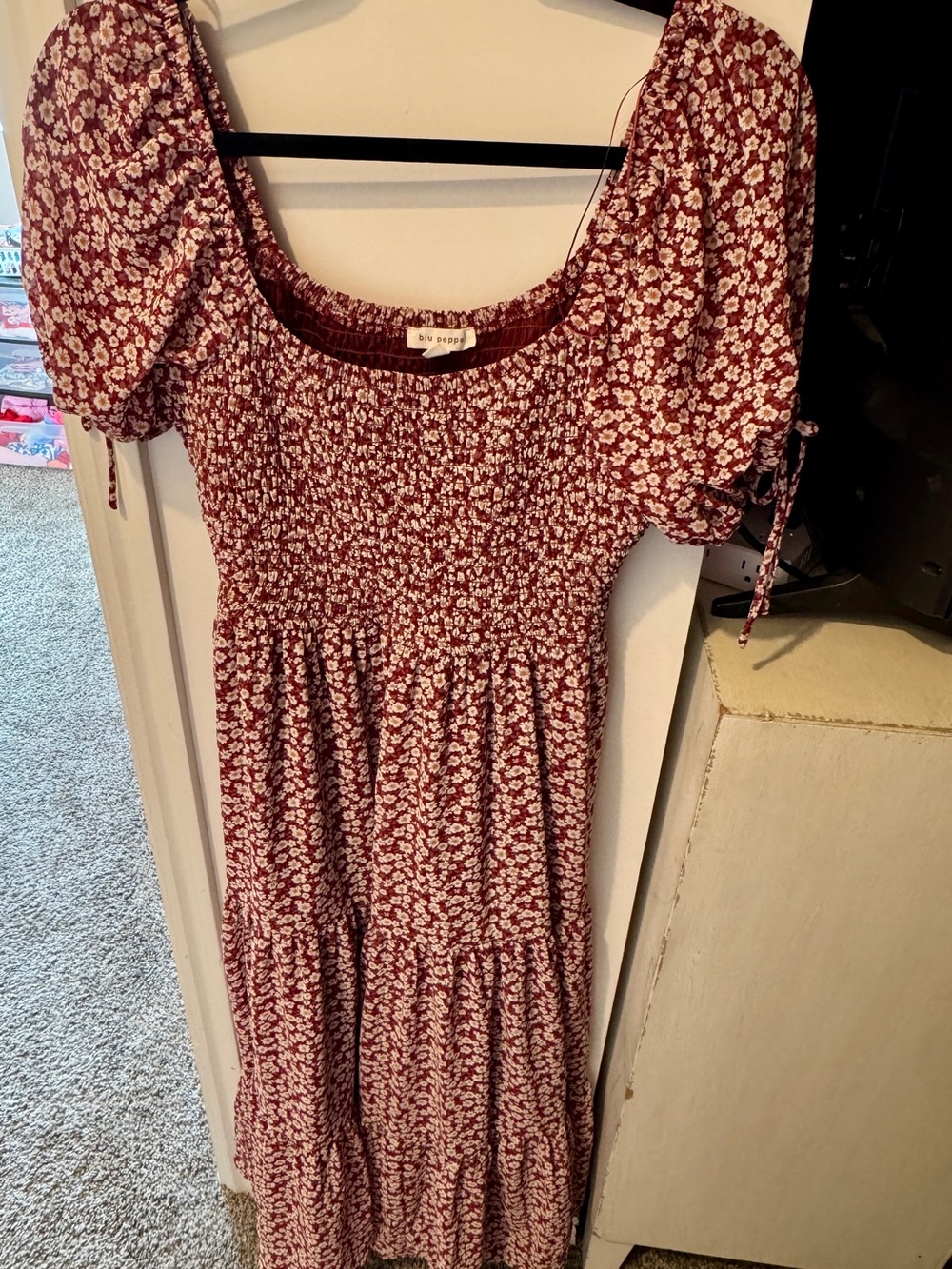 Floral Smocked Burgundy Midi Dress